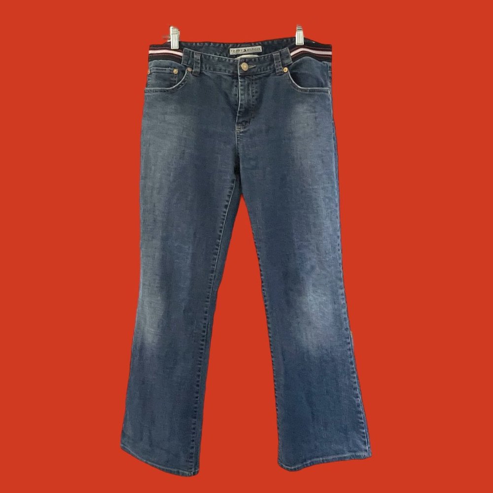 Rare Y2K Tommy Hilfiger Vtg Jeans Logo Striped Waistband Low Rise Boot Cut Sz 12